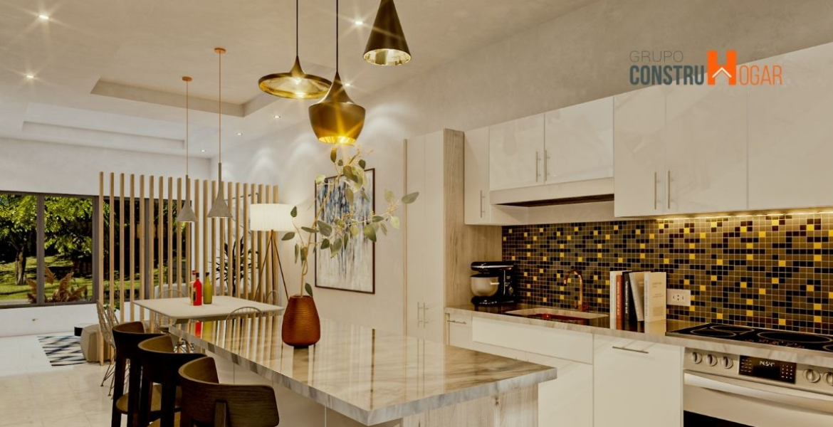 Cocina, tres lamparas de una bombilla