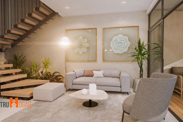 Sala de estar, dos cuadros grandes al fondo